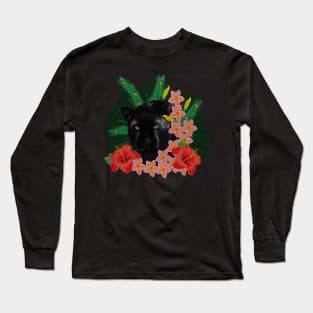 Black leopard Panther, Tropical Floral, Big Cat Long Sleeve T-Shirt